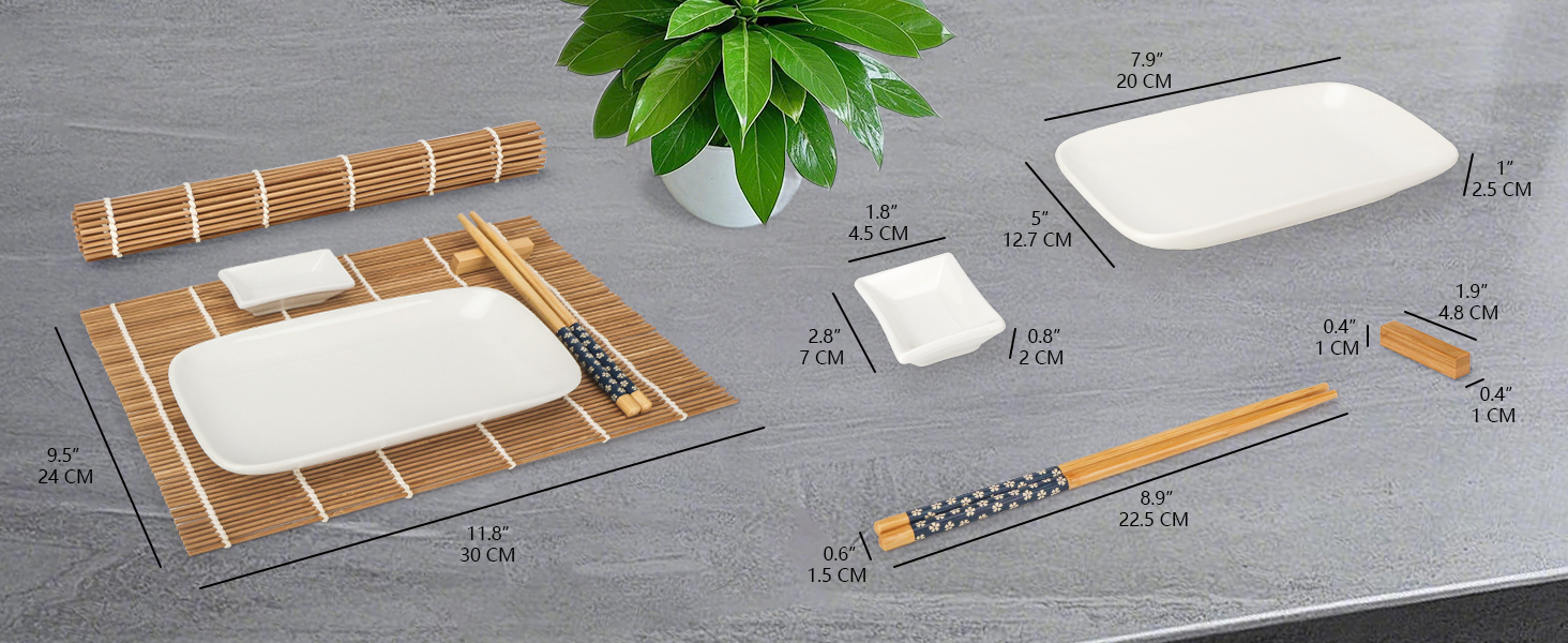 Набір для суші Exzact (10 шт.) – 2 тарілки, 2 миски для соусу, 2 підставки під столові прилади, 2 пари паличок для їжі – високоякісний фарфор, у подарунковій коробці – блакитний колір