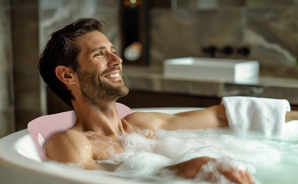 Подушка для ванни з сіткою для прання - Максимальний комфорт та релаксація з технологією Air Mesh. Подушка для ванни з 4 міцними присосками. Підтримка шиї та голови (рожева)