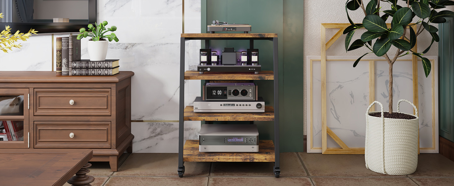 Hi-Fi тумба з колесами для програвача, з розетками, LED підсвіткою, дерев'яний медіа-стійка для аудіо, стерео, TV, 60x52x78 см