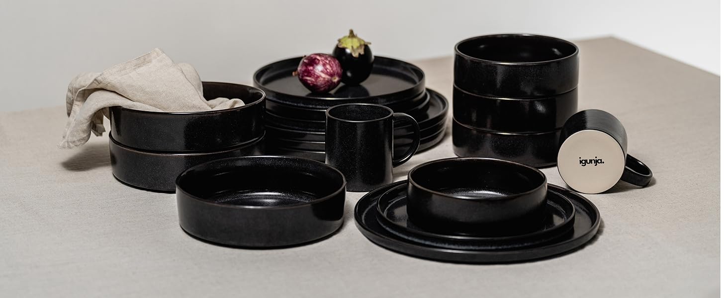 Igunja Stoneware Dinnerware Set - 12 Piece Set for 4 People | Reactive Glaze | Matte Black Dinner Set (Handmade, Premium Quality)