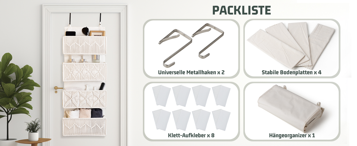 Органайзер для дверей з 4 кишенями, Бохо декор, настінне кріплення, для спальні, дитячої кімнати, ванної кімнати, слонова кістка