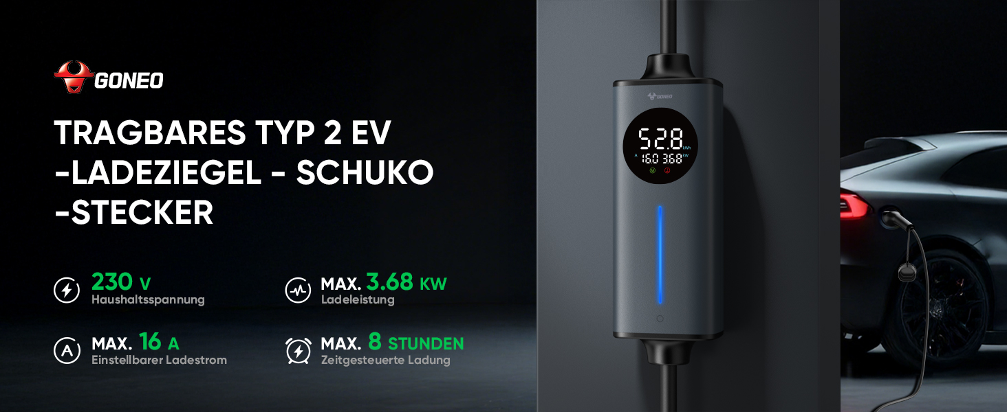 Кабель для електромобіля GONEO Typ 2 Schuko, 10м, 16A, 3.68 кВт - Портативна зарядка з захистом FI, автоматичним заземленням та контролем температури, таймер для електромобіля, сертифікат TÜV