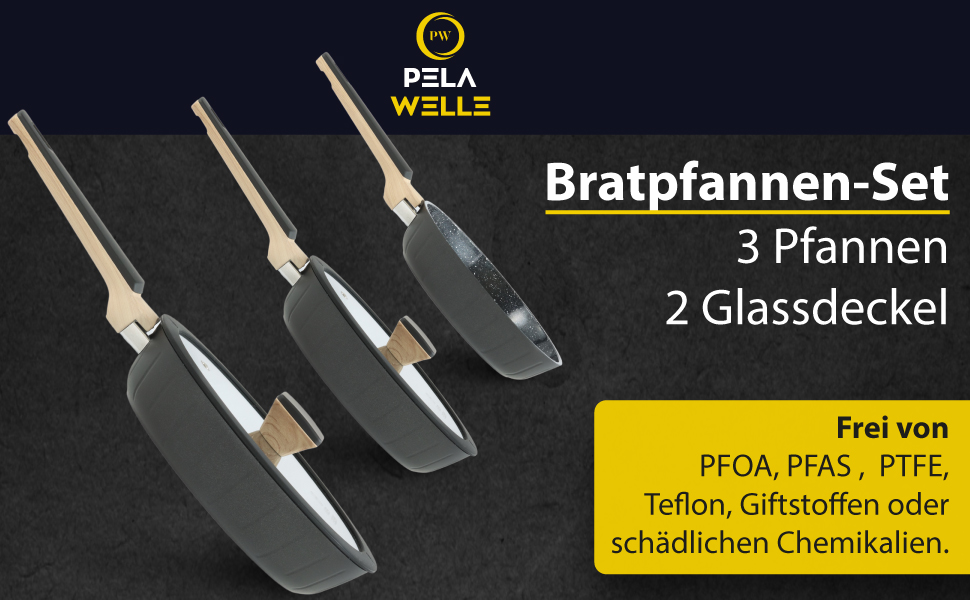 Набір сковорідок Pela Welle® Induktion, 5 предметів: 3 сковороди з покриттям та 2 кришки, чорний колір | Сковорода для індукційної плити, керамічне покриття, без PFOA, PFAS, PTFE