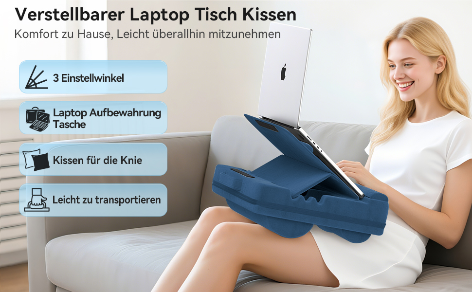 Підставка для ноутбука з регулюванням кута нахилу, подушка для ноутбука на диван, підставка для ноутбука до 16″ (Блакитний)