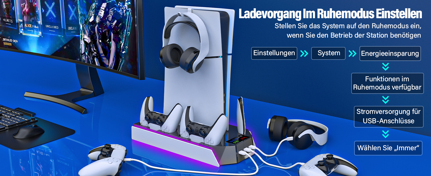 Підставка для PS5 Slim/Pro з зарядною станцією для контролера PlayStation 5 (Disc/Digital), аксесуари PS5 з RGB підсвіткою, вентилятор, тримач для навушників, USB хаб, чорно-білий, Q511