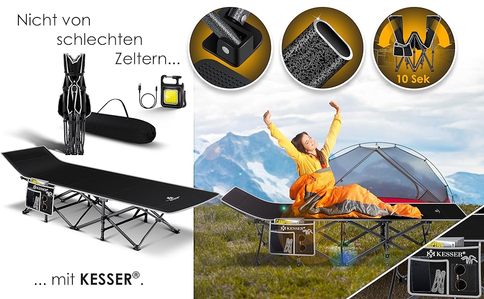 Кемпінгове ліжко KESSER® розкладне, металеве, чорне, 190 см з сумкою та ліхтарем
