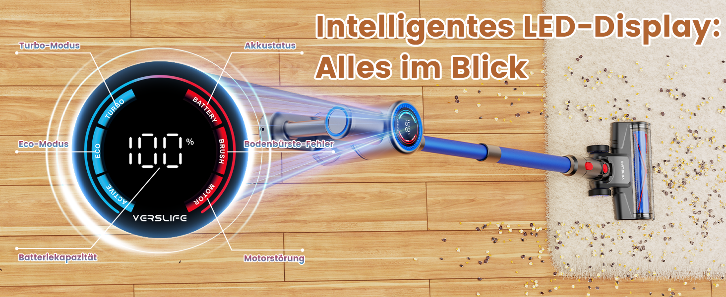 Версліф: Бездротовий акумуляторний пилосос 500W, 45 хв роботи, 40kPa, з LED-дисплеєм, для дому, авто, прибирання шерсті тварин, синій