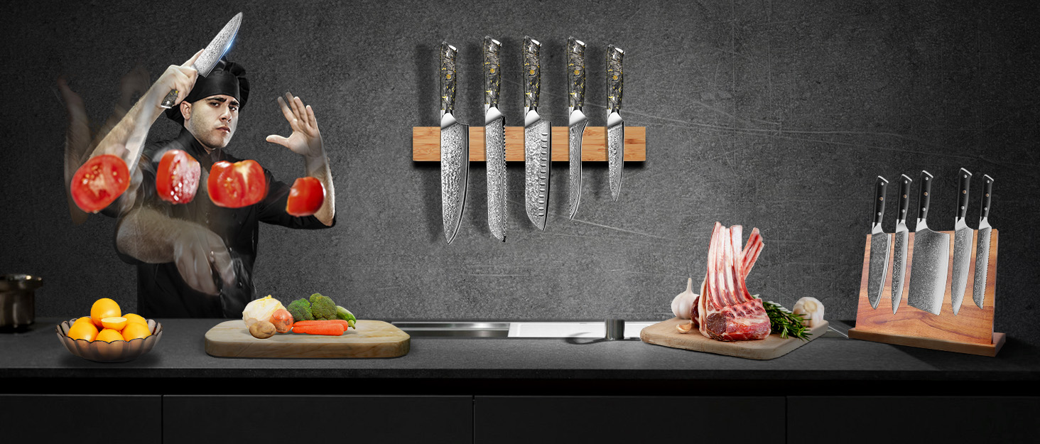 Японський ніж Santoku Kyushublade з дамаської сталі (67 шарів), з унікальною ручкою з карбону та золота, професійний кухонний ніж