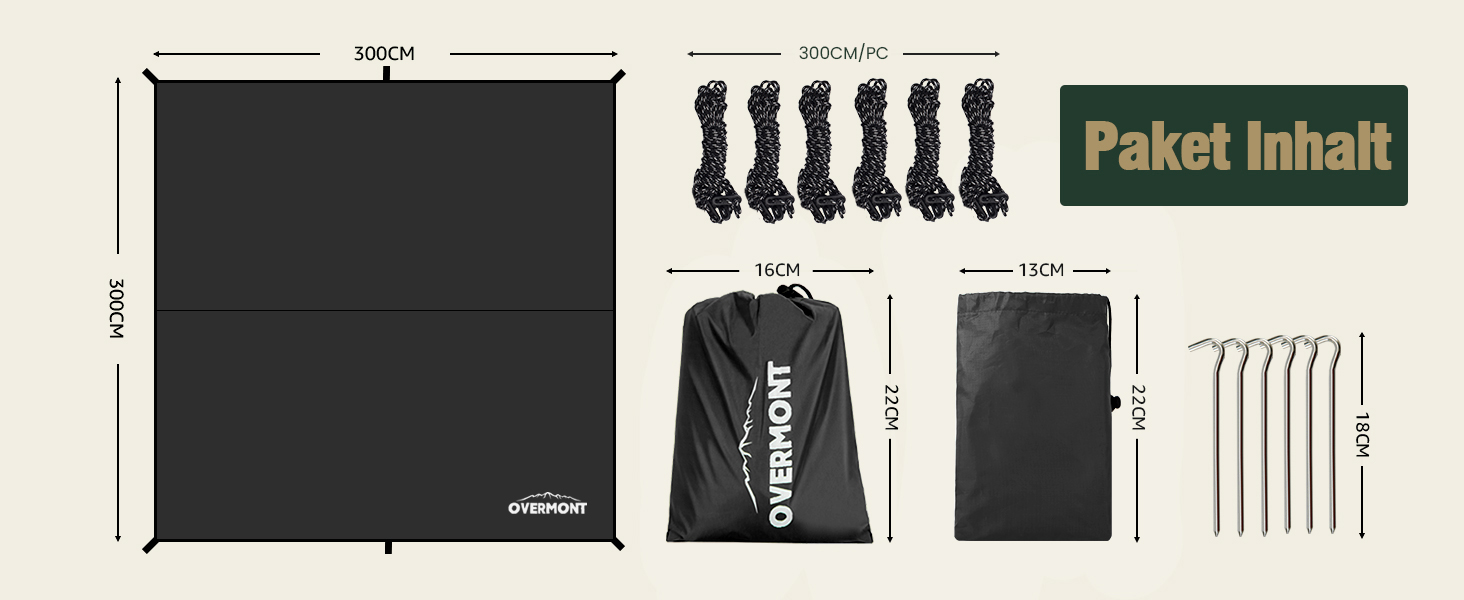 Намет Overmont 3x3м, Тент, Сонячний Павільйон з 6 кілочками та 6 мотузками. Захист від сонця для гамака, відпочинку на природі, подорожей та пікніків (Чорний)