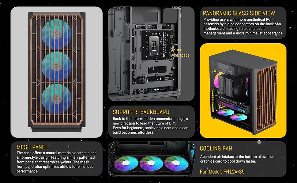 Корпус ПК GAMEMAX F45 Mid-Tower чорного кольору з дерев'яним декором, 4x ARGB PWM вентилятори, сумісний з BTF материнськими платами, скляна бічна панель, для геймінгу