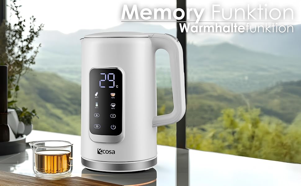 Електричний чайник-заварник зі сталлю, регулювання температури 40-100°C, 1,7 л, 2200 Вт, з підігрівом, LED дисплеєм, без BPA, білий Wanda