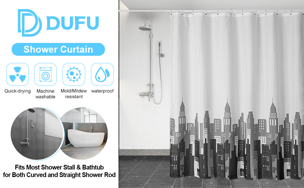 Шторка для душу DUFU, водонепроникна та пральна, 180x200 см, темно-сіра | Поліестер, 12 гачків, швидковисихаюча, напівпрозора