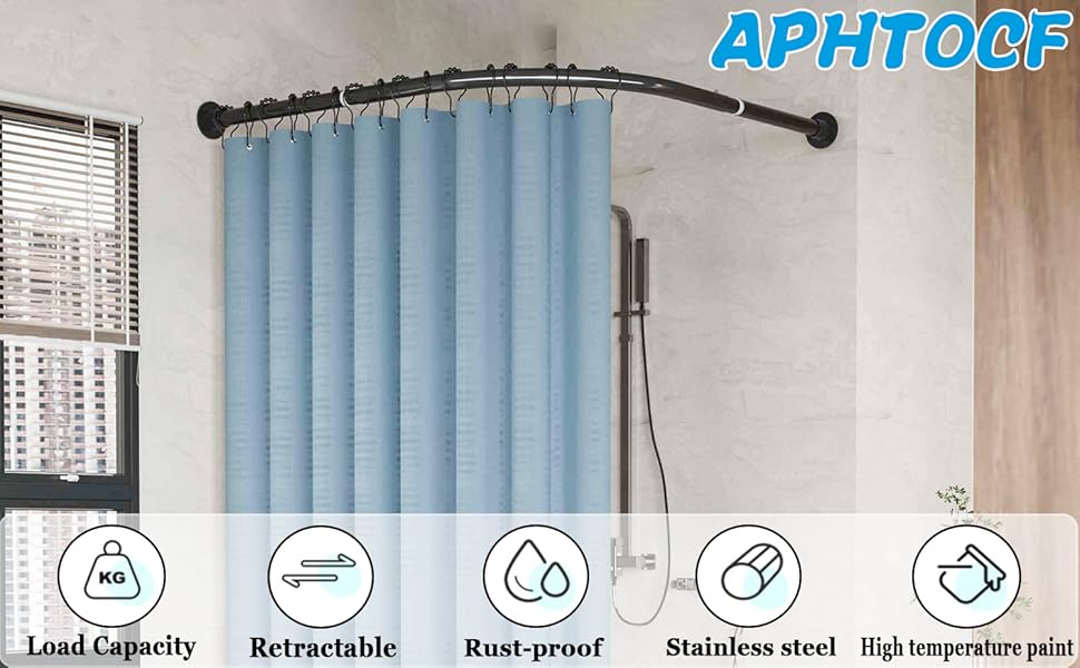 Штанга для душової завіси чорного кольору L-подібної форми, розширювана, з нержавіючої сталі 304, без свердління, для ванної кімнати/ванни (70-95 см x 70-95 см)