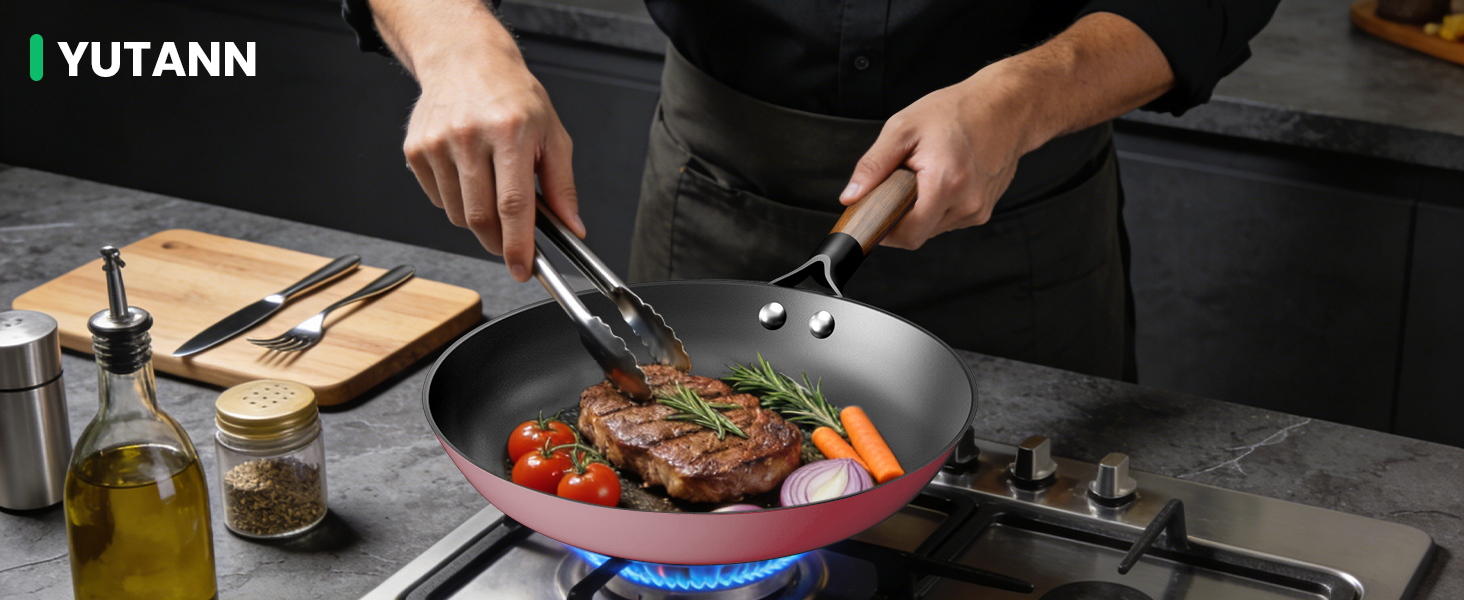 Чавунна сковорода YUTANN для індукції, газу, електроплити (20/24/28 см) рожева - без PFOA, з антипригарним покриттям