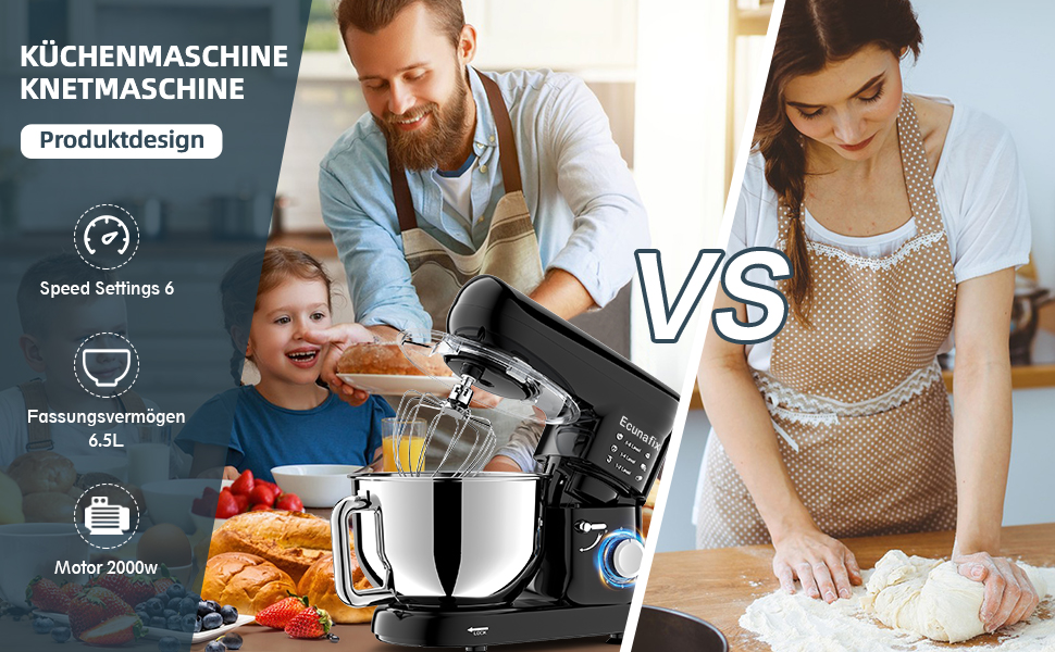 Кухонна машина-міксер з чашею 6.5л з нержавіючої сталі, 2000W, 6 швидкостей, для тіста та міксування, з набором насадок (вічорник, гак для тіста, вінчик) та захистом від бризок, чорна