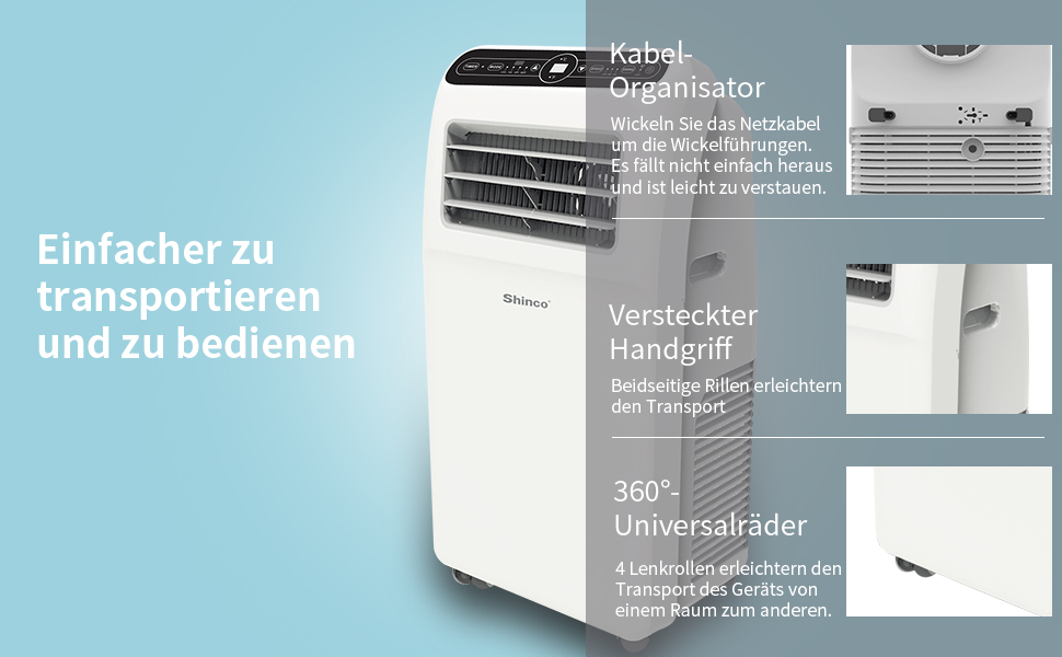 Мобільний кондиціонер SHINCO 3,5kW з випускним шлангом, охолодження/вентиляція/зневоложення, для приміщень до 90м³, білий (12000BTU)