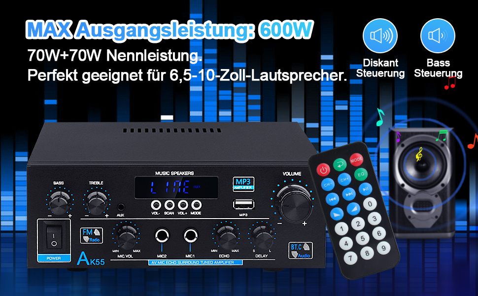 HiFi підсилювач AK55 Bluetooth, стерео аудіо підсилювач 2-канальний, 2x70Вт (макс. 600Вт), цифровий саунд підсилювач 12В/220В для дому та авто