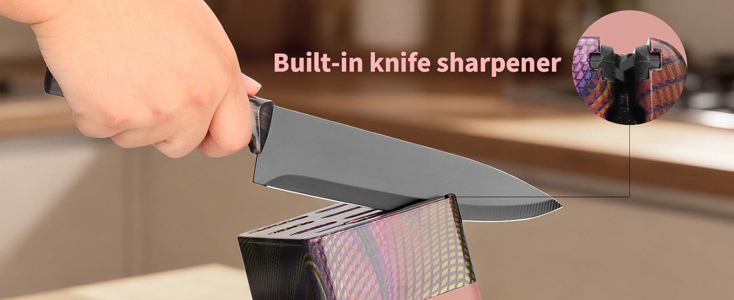 Набір кухонних ножів Messerblock 16 предметів з дерев'яною підставкою, дощечкою, захистом пальців, точилкою та кухонними ножицями. Професійний набір ножів для дому (зелений/рожевий)