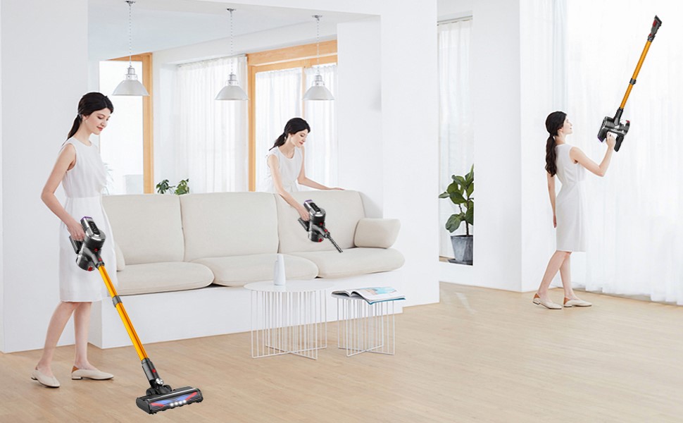 Акумуляторний бездротовий пилосос Hearten 4-в-1 з LED-дисплеєм та антизаплутувальною щіткою, керуванням в один дотик, LED-підсвічуванням для шерсті тварин/килимів/твердих підлог (Золотий)