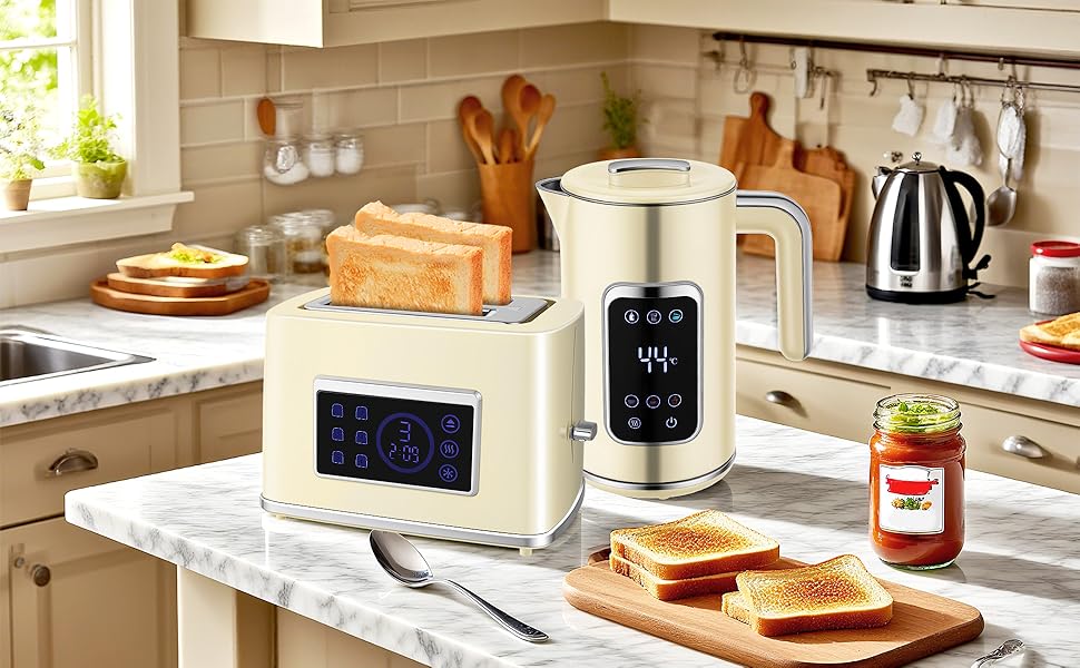 Набір для сніданку HOMCOM: чайник 1,7л та тостер на 2 тости з 6 рівнями підсмажування, LED-дисплей, функція розморожування та підігріву, колір кремовий
