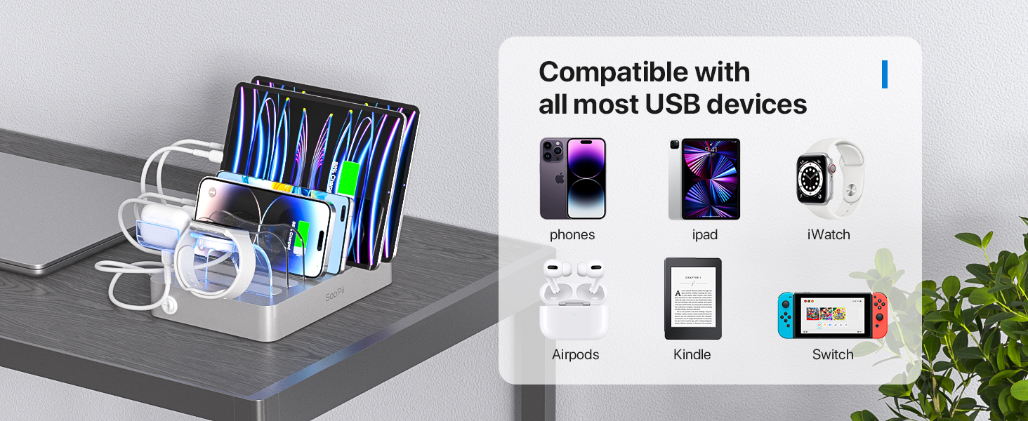 Зарядна станція SooPii USB, 6 портів 50W, з кабелями та тримачем для iWatch, біла (срібло)