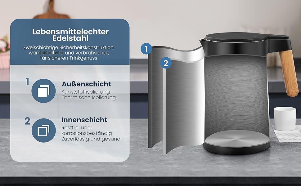 Електричний чайник VORSCH з нержавіючої сталі, 1,7 л, 2200 Вт, регулювання температури, підтримання тепла, захист від сухого кипіння, LCD-дисплей, поворотна база 360°, подвійні стінки, BPA-free, чорний з дерев'яною ручкою