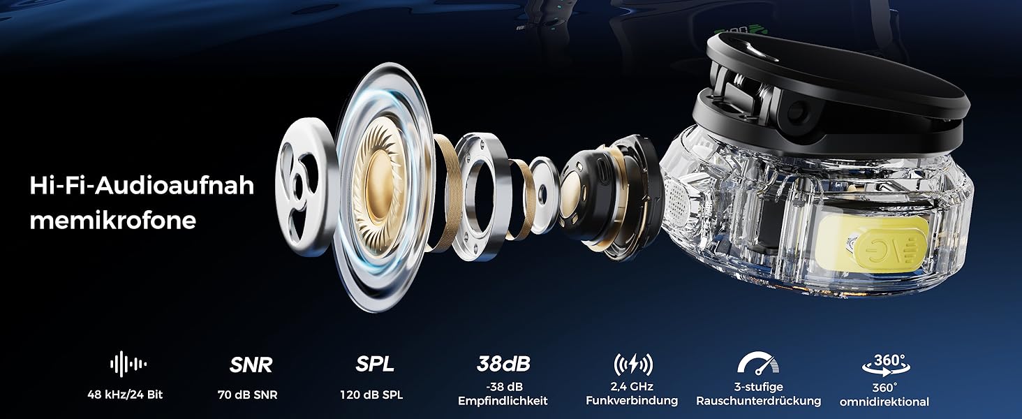 Мікрофон-петличка Aceele бездротовий для iPhone/Android/планшетів/ПК, Hi-Fi звук, шумозаглушення, 24 години роботи, радіус дії 50м, мініатюрний мікрофон для відео/стрімінгу/влогів/подкастів/інтерв'ю з кейсом для зарядки