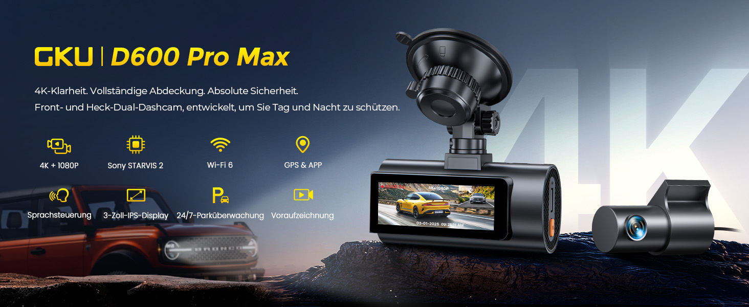 Автомобільний відеореєстратор GKU D600ProMax 4K Ultra HD з передньою та задньою камерами, сенсором STARVIS 2, WiFi 6 та карткою пам'яті SD