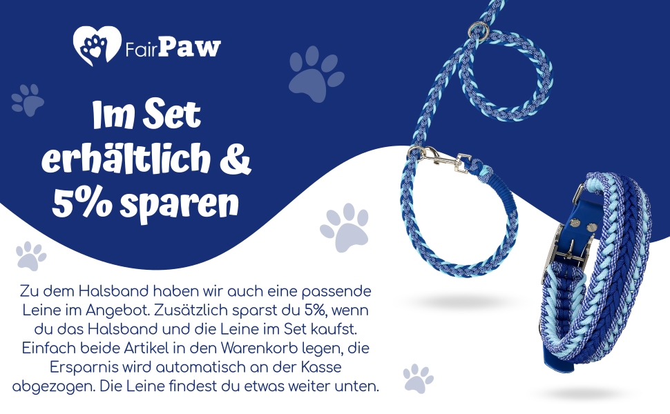 Нашийник для собак FairPaw з паракорду - широкий, ручної роботи, для великих собак, блакитний L