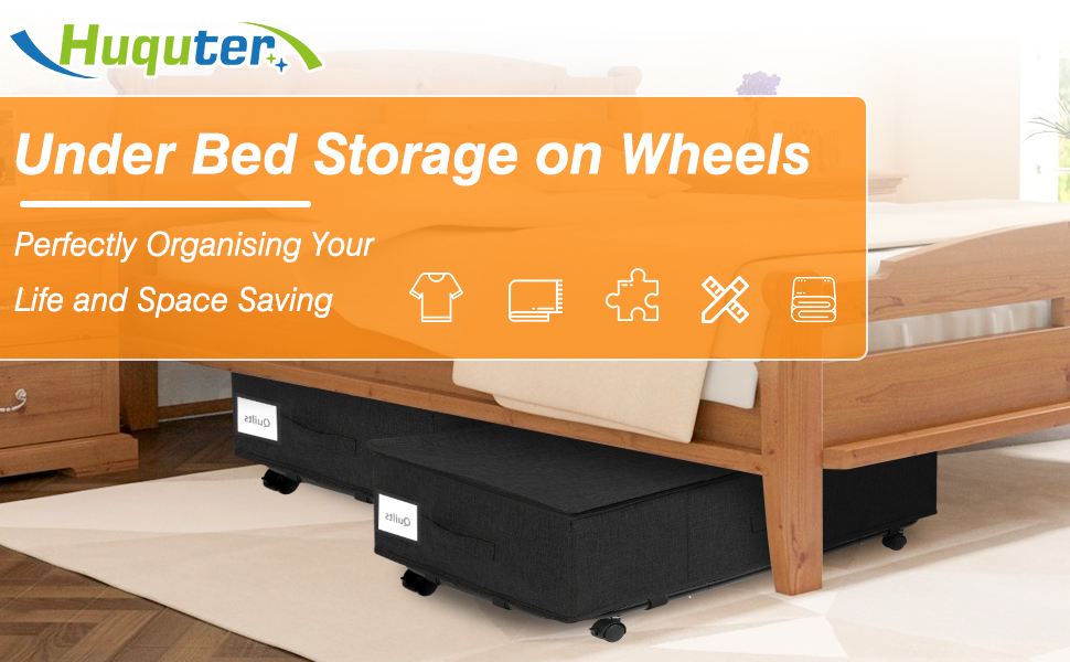 Підліжкова комода на колесах 50л, 2 шт. Складна підліжкова комода з кришкою та блискавкою, велика підліжкова система зберігання на колесах чорного кольору з металевою основою для одягу, ковдр, постільної білизни