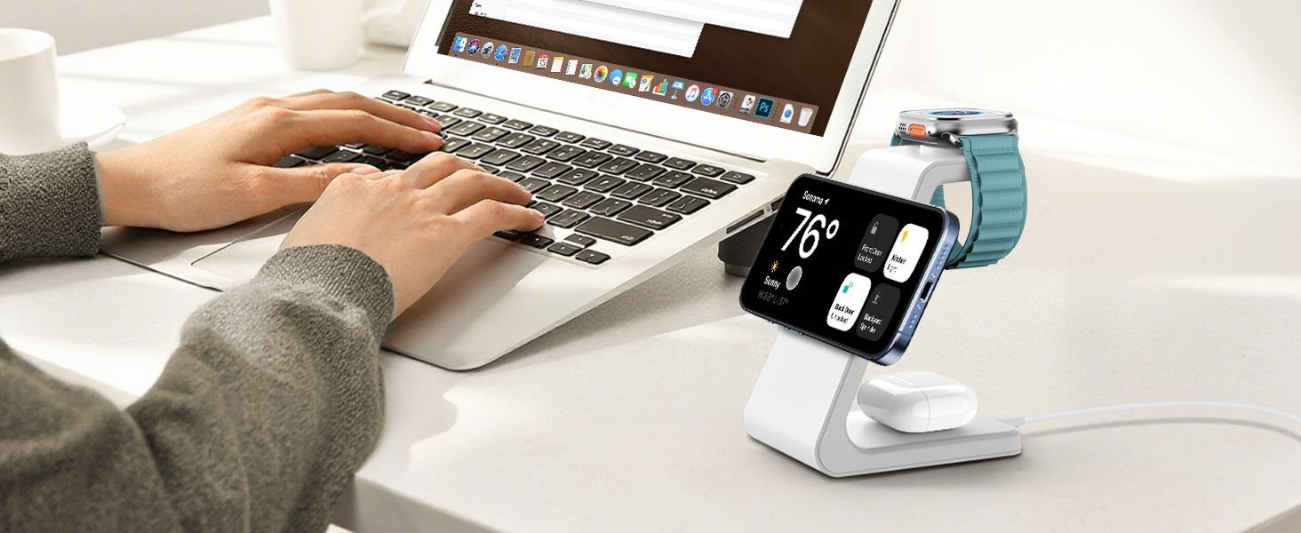 GEEKERA 3-в-1 зарядний пристрій Qi2 з MagSafe, 15W індукційна станція для iPhone 17/16/15/14/13/12, Apple Watch 11-2 та AirPods, білий/сірий