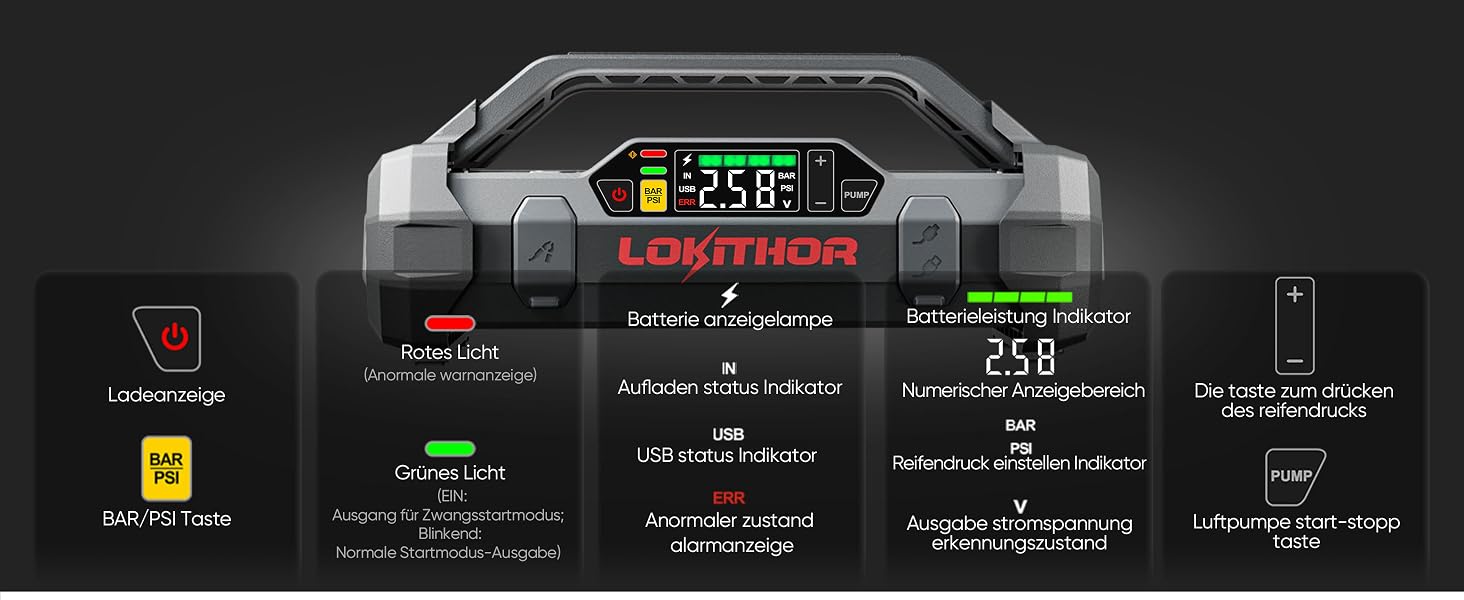 Бустер-стартер LOKITHOR JA300 з компресором 150 PSI та Powerbank 1500A для автомобіля