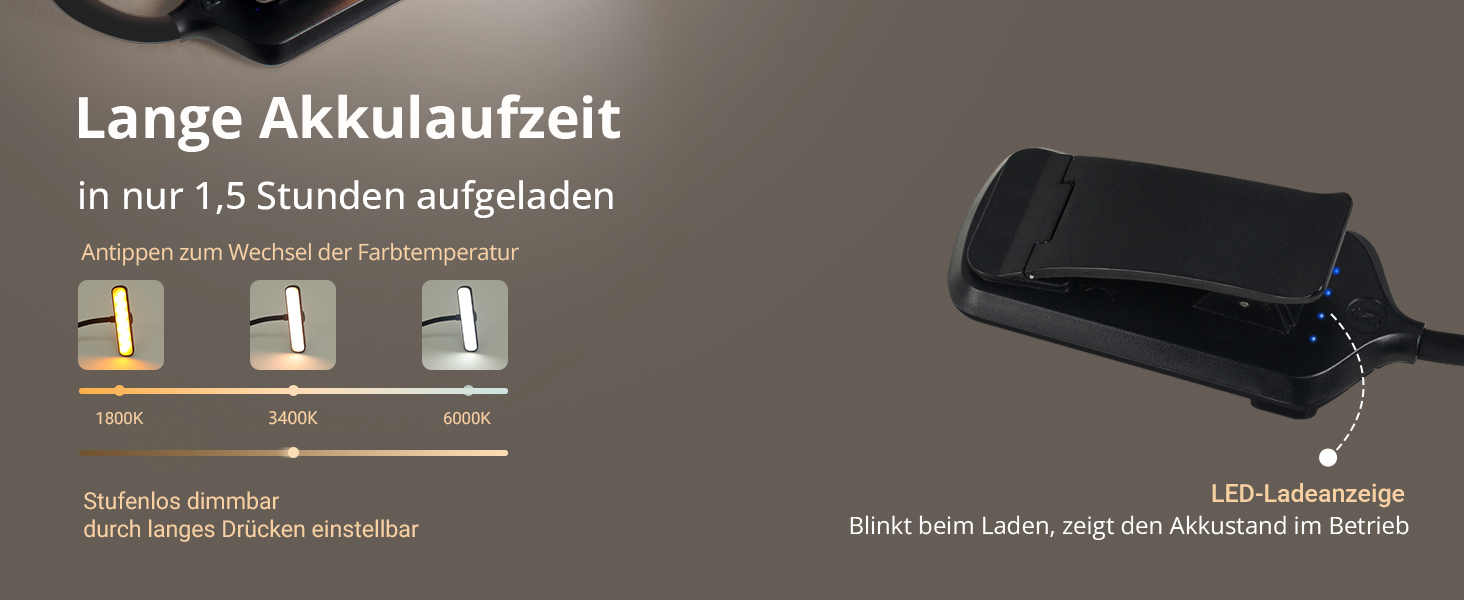 LED лампа для читання з кріпленням, 24 світлодіоди, регульована яскравість, 3 режими температури кольору, USB-C, гнучкий поворот на 360°, захист очей, для дорослих та дітей