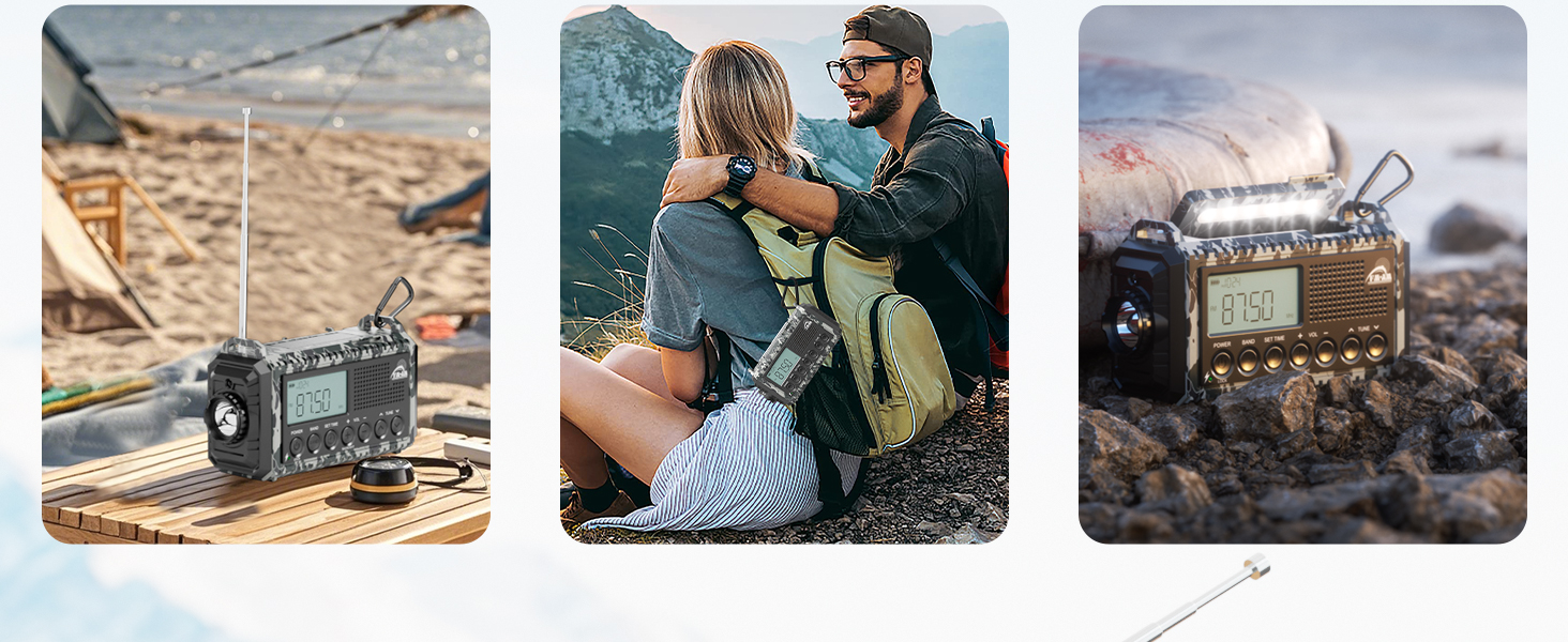 Радіоприймач AM/FM/SW для будівельних майданчиків, радіо з ручним приводом та світовим приймачем, радіо для надзвичайних ситуацій з роз'ємом Type C, Powerbank/SOS-сигнал/ліхтарик/лампа для читання/IPX4, портативне радіо для активного відпочинку, піших прогулянок, кемпінгу та будівництва (FM радіо, сірий камуфляж)