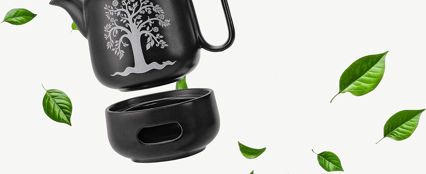 Чайник YC Tree з підставкою - керамічний, чорний матовий, 1.3л. З ситечком, без протікань, термостійкий. Ручна робота. Чайник з підставкою YC Tree, 1.3л