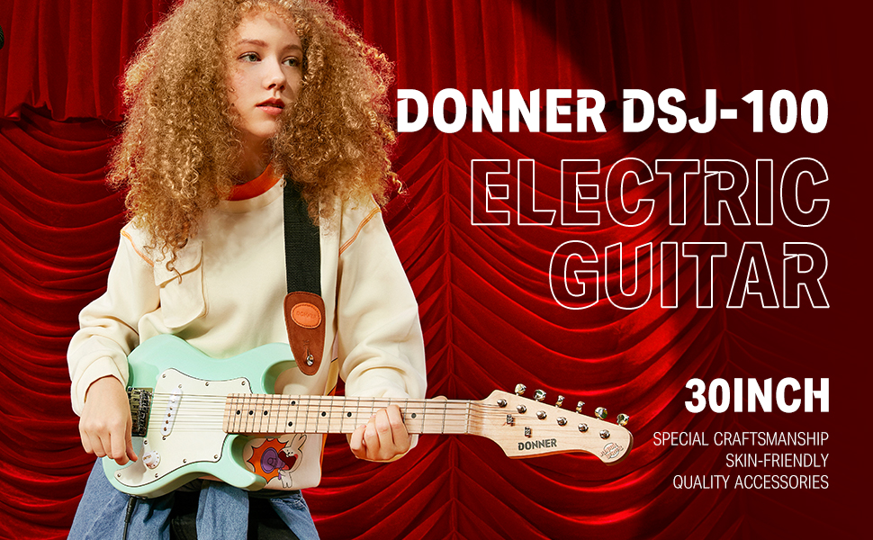 Електрогітара Donner для початківців, комплект Junior ST-стилю, 30 дюймів, Mini гітара, Premium Bundle з підсилювачем, тюнером, каподастром, сумкою, ременем, струною, кабелем (DSJ-100, м'ятно-зелений)