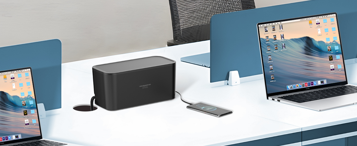 Многорозеткова смуга з кабельною коробкою, захист від перенапруги, 5 розеток, 3 USB, органайзер для столу, 29.5 x 14 x 14 см, кабель 2 м (5 м, чорний)