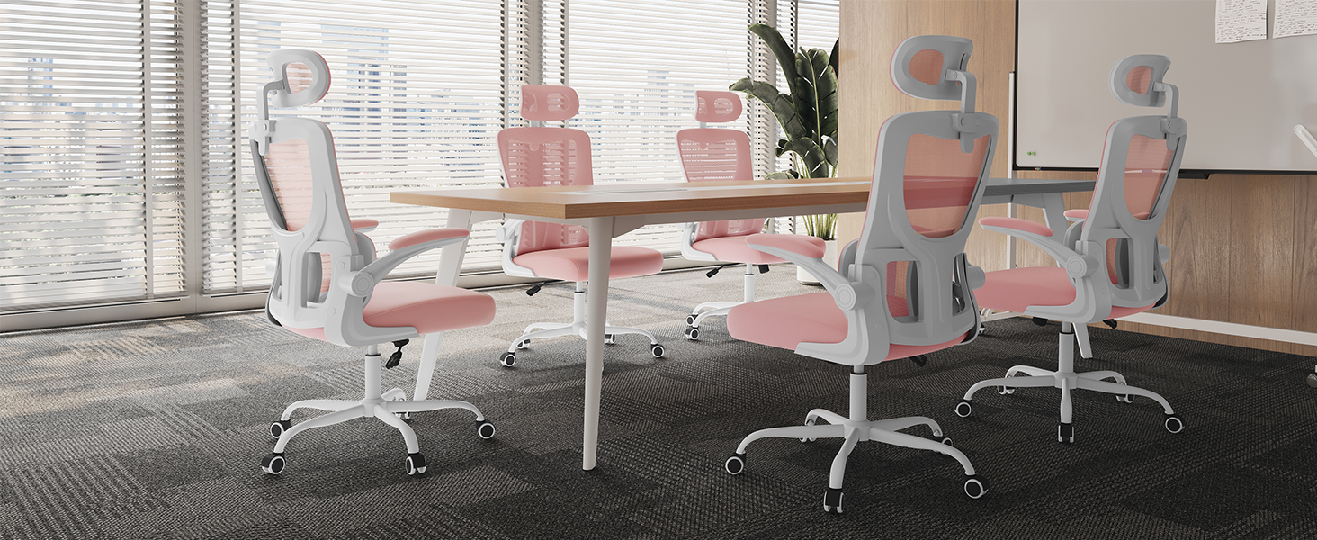 Офісний стіл Woltu: ергономічне крісло з функцією гойдання, регульована підголовник, обертові підлокітники, підтримка попереку, 150 кг, Рожевий