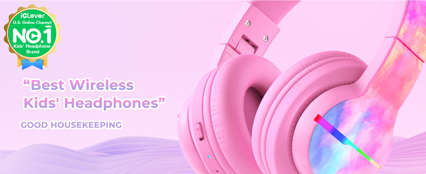 iClever Бездротові навушники для дітей з LED-підсвіткою, Over-Ear, Bluetooth 5.2, мікрофон, BTH12 (Tie-dye рожевий)