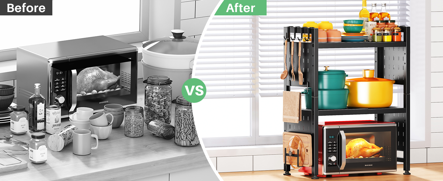 Стійка для мікрохвильової печі SAYZH, 2-рівнева розширювана, з 10 гачками, чорна