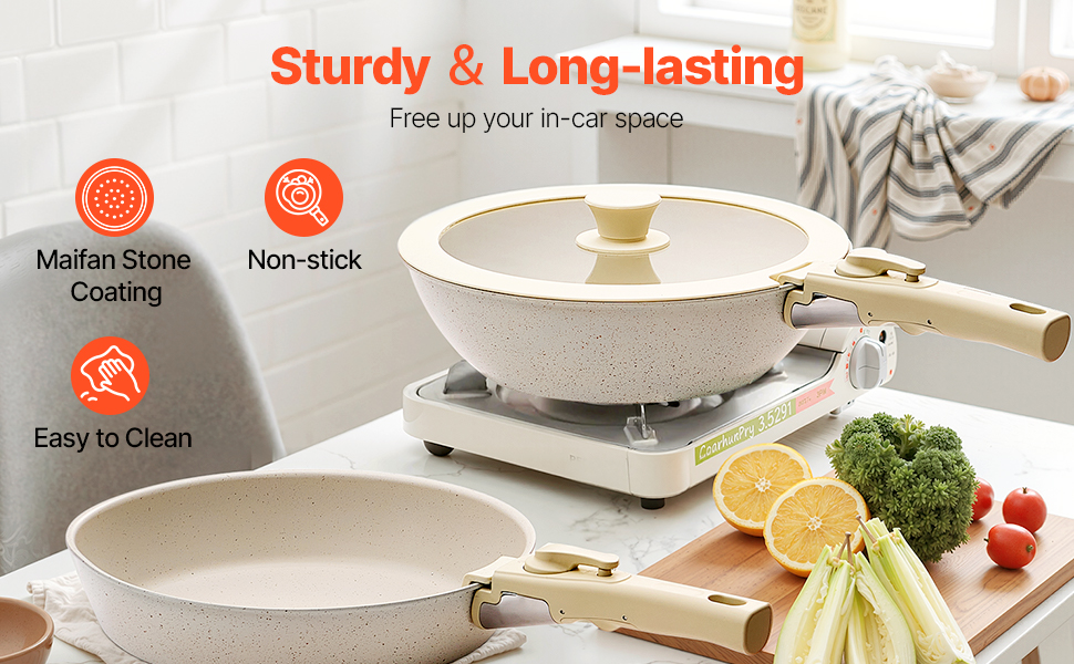 Каструля VEVOR з кришкою з термостійкого скла, антипригарна, індукційна, для кухні кемпера, приготування соусів та смаження (біла, зі знімною ручкою)