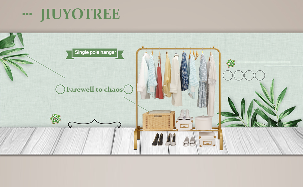 Металевий стійкий гардеробний вішак JIUYOTREE для одягу, з нижньою полицею, біло-золотий, для пальт, сорочок, спідниць, светрів