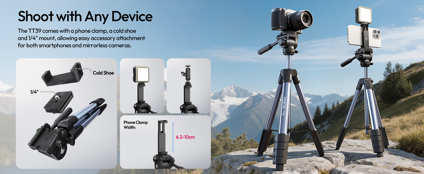 Штатив ULANZI TT39 155cm для камери з поворотним на 360° та нахильним (-80°/+90°) кріпленням, легкий штатив з тримачем для телефону, туристичний штатив сумісний з DSLR, мобільними телефонами (вага 0,95 кг, вантажопідйомність 8 кг)