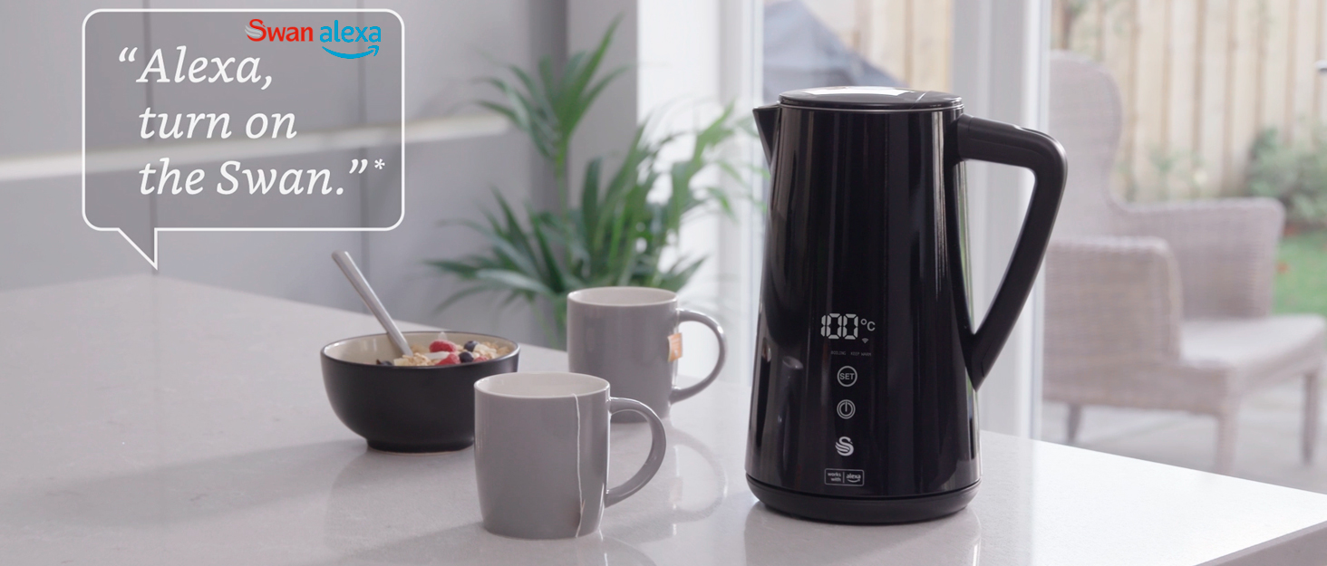 Чайник електричний Swan Alexa WIFI, 1.5л, з регулюванням температури, чорний, бездротовий, LED-сенсорний екран, функція підтримання тепла, Cool Touch, ізольована сталева стінка, 1800W, SK14650BLKNEU