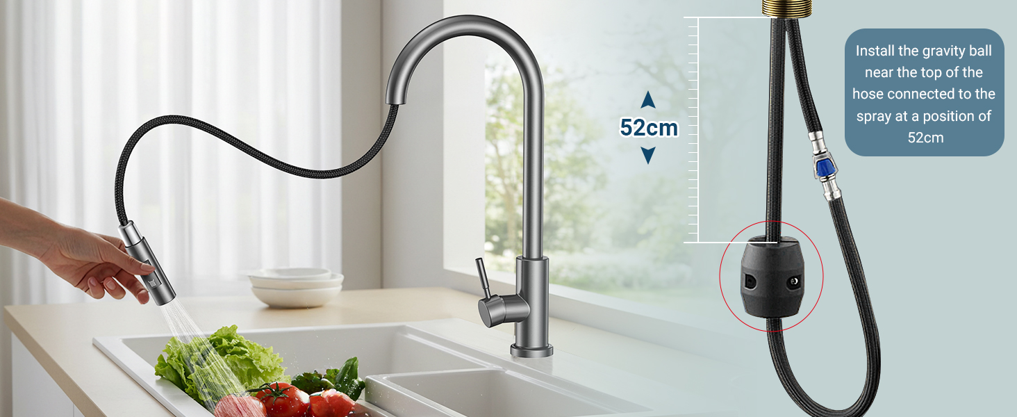 Кухонний змішувач Wasserhahn з висувною лійкою, поворотний на 360°, 2 функції, однорідний, для кухні (сірий)