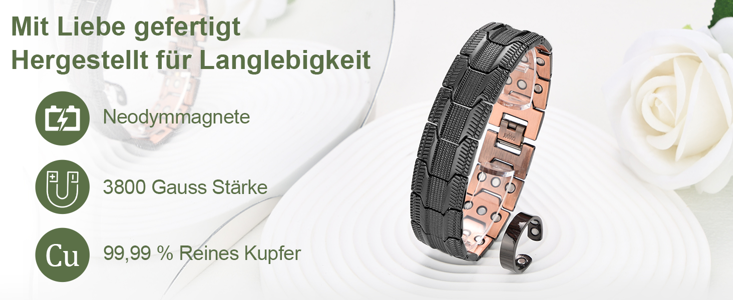 Браслет на зап'ястя MagEnergy для чоловіків з 3 потужними магнітами - Елегантний дизайн, чиста мідь, регульована довжина, чорний браслет-сет