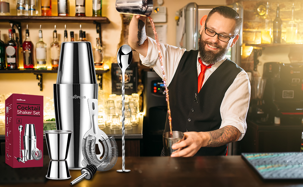 Набір для приготування коктейлів: шейкер Boston, ложка, аксесуари для бармена (6 предметів)