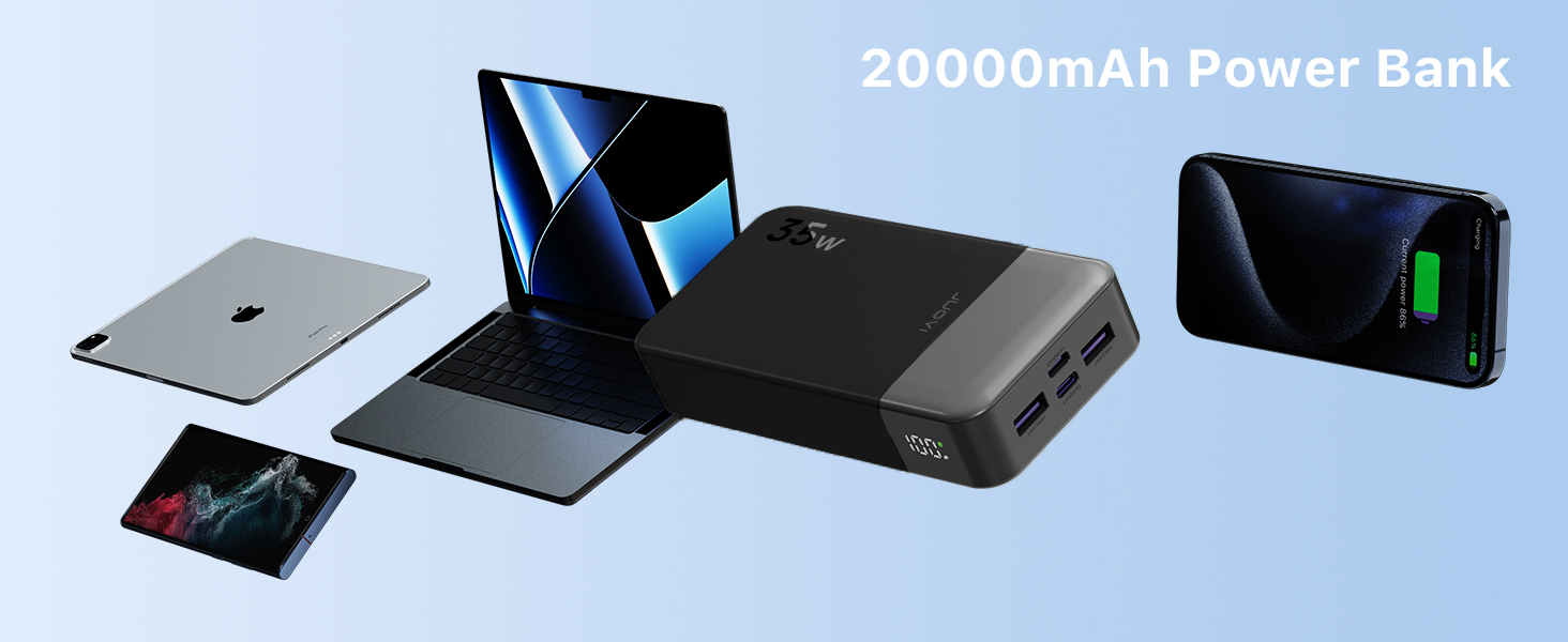 Портативний Пауербанк JUOVI 20000mAh, 35W, з LED-дисплеєм, підтримка PD3.0 QC4.0 для iPhone, Galaxy, Tablet, Switch та інших пристроїв, ЧОРНИЙ