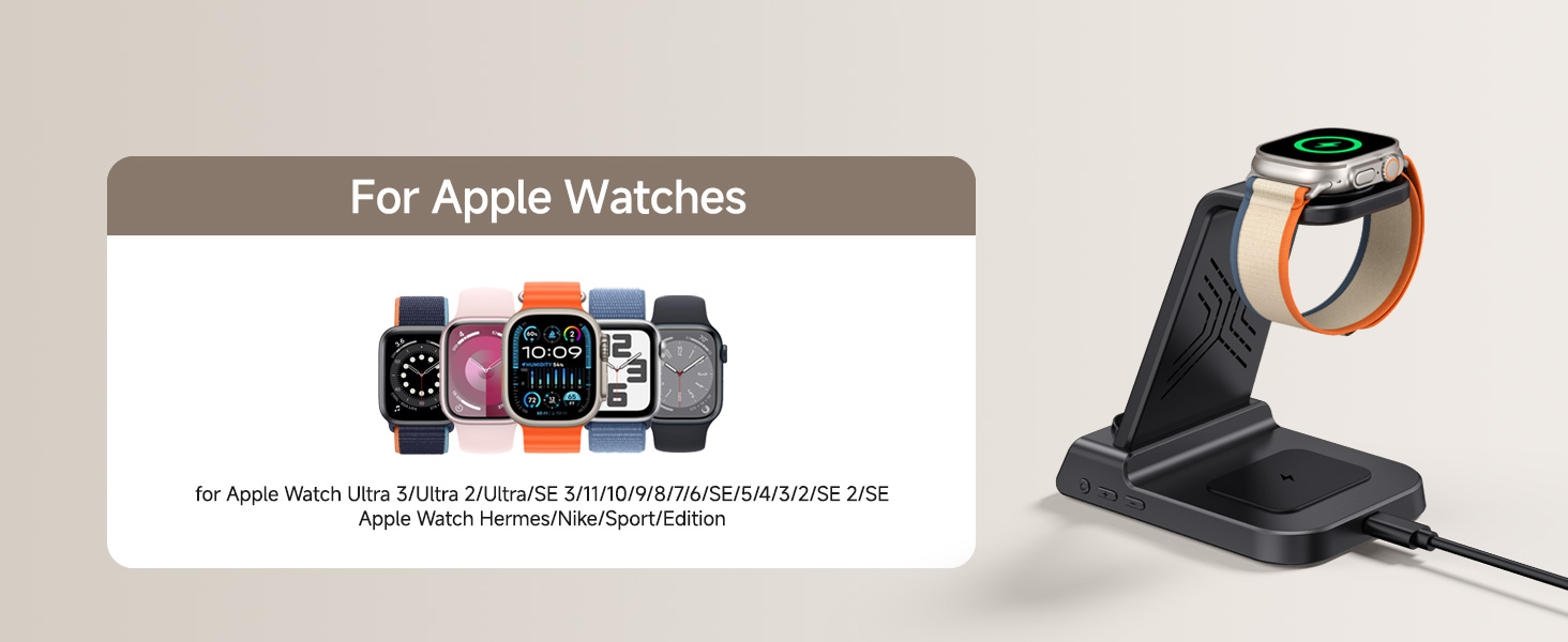 Зарядна станція 3-в-1 для iPhone 17/16/15/14/13/12/Air, Apple Watch Ultra 3/2/SE 3/10/9/8/7/6/5 та AirPods 4 (без адаптера) - Чорна