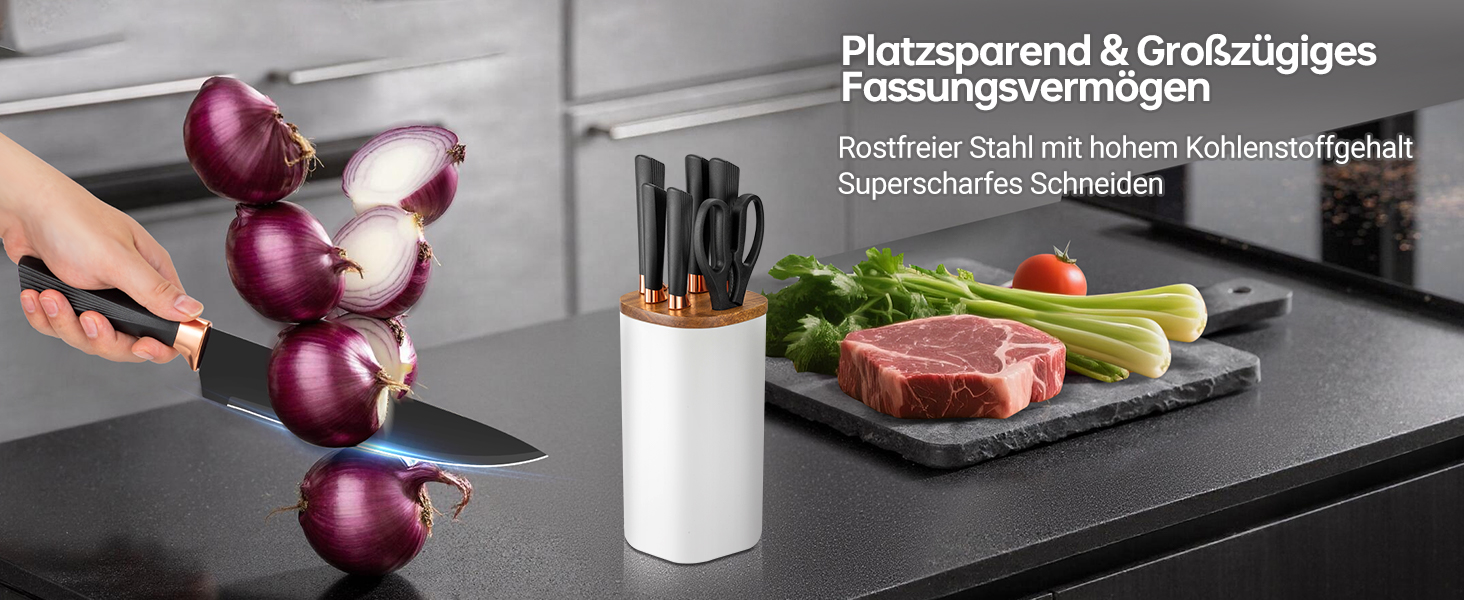 Набір ножів кухонний 6 предметів з блоком, нержавіюча сталь, білий